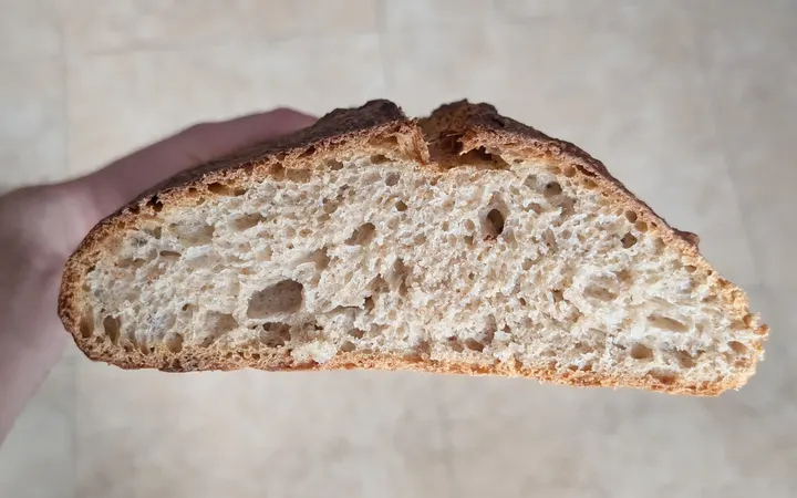 Mig pa sostingut a la mà, amb la molla alveolada a la vista